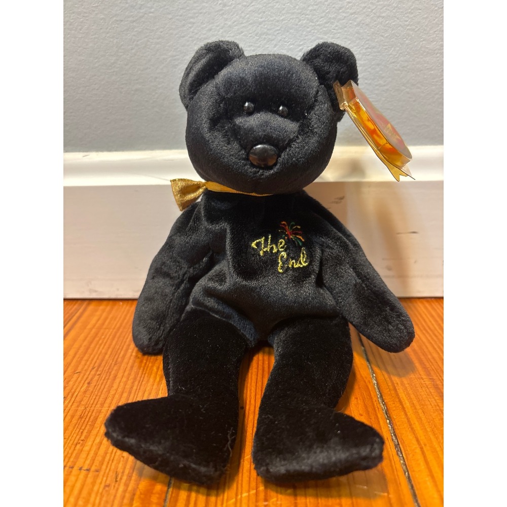 Ty Beanie Baby The End Error Tag Black Bear 1999 Collectible Gold Bow Plush Tag